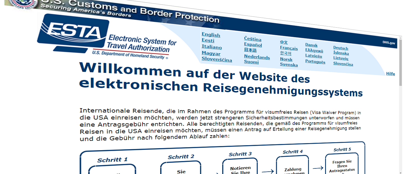 Website des elektronischen Reisegenehmigungssystems ESTA